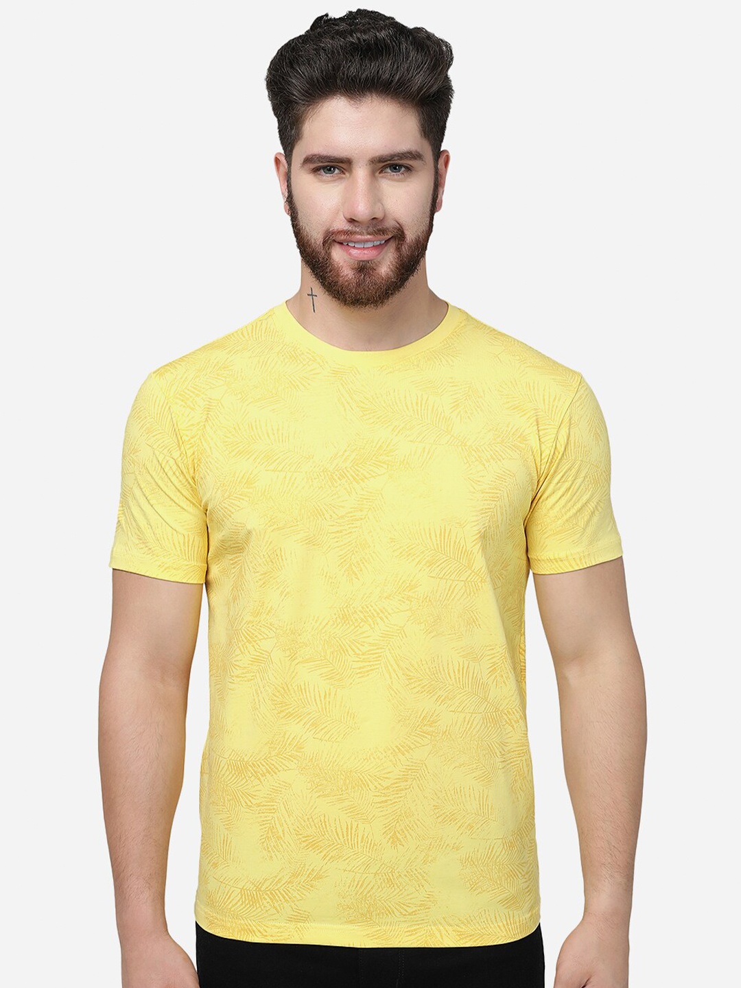 

JADE BLUE Tropical Printed Round Neck Cotton Slim Fit T-shirt, Yellow