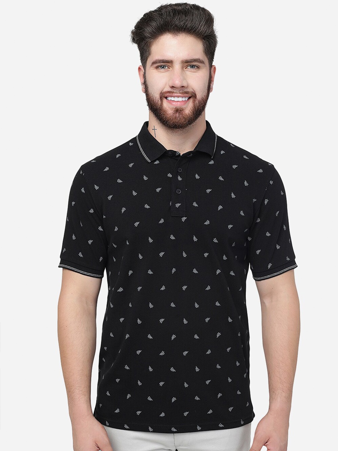 

JADE BLUE Conversational Printed Polo Collar Cotton T-shirt, Black