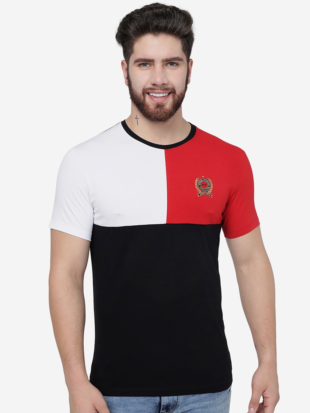 

JADE BLUE Colourblocked Cotton Slim Fit T-shirt, Black