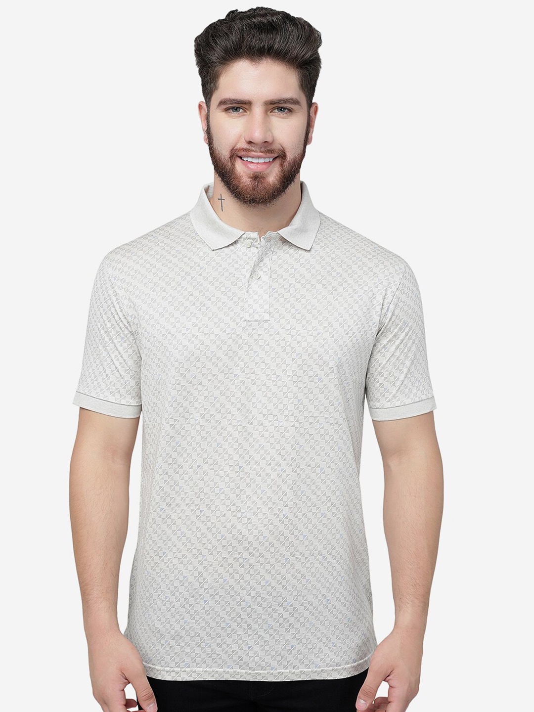 

JADE BLUE Geometric Printed Polo Collar Cotton Slim Fit T-shirt, Grey melange