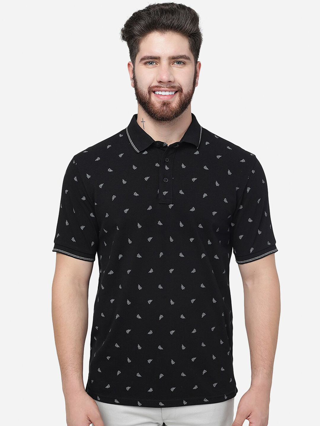 

JADE BLUE Micro Ditsy Printed Polo Collar Cotton Slim Fit T-shirt, Black