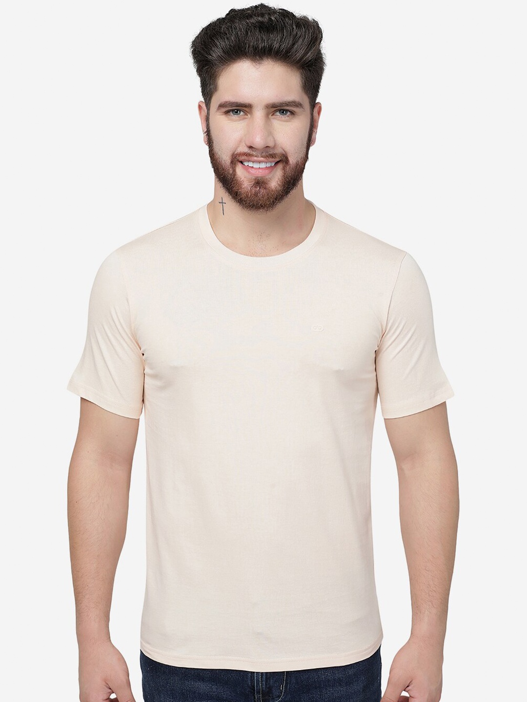 

JADE BLUE Round Neck Slim Fit Cotton T-shirt, Cream