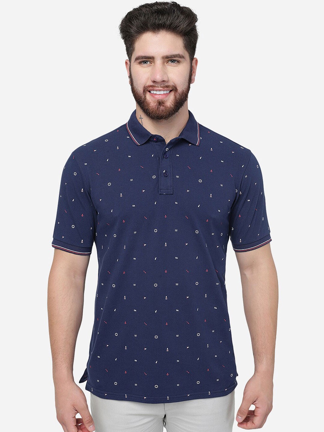 

JADE BLUE Micro Ditsy Printed Polo Collar Cotton Slim Fit T-shirt, Navy blue