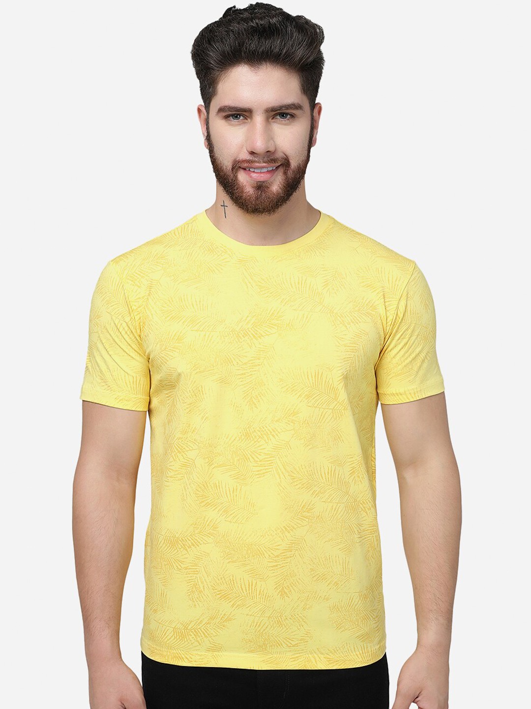 

JADE BLUE Tropical Printed Round Neck Slim Fit T-shirt, Yellow