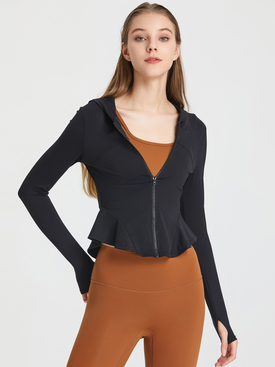 

JC Collection Hooded Lightweight Crop Training or Gym Open Front Jacket, Black