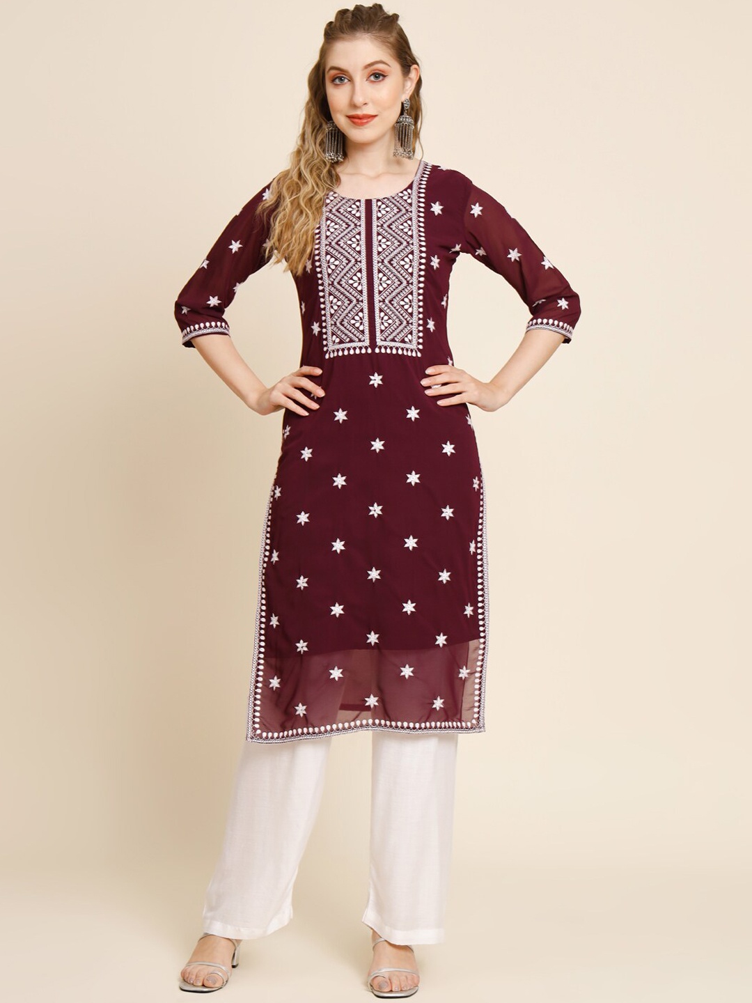 

VAIRAGEE Ethnic Motifs Embroidered Thread Work Georgette Kurta, Maroon