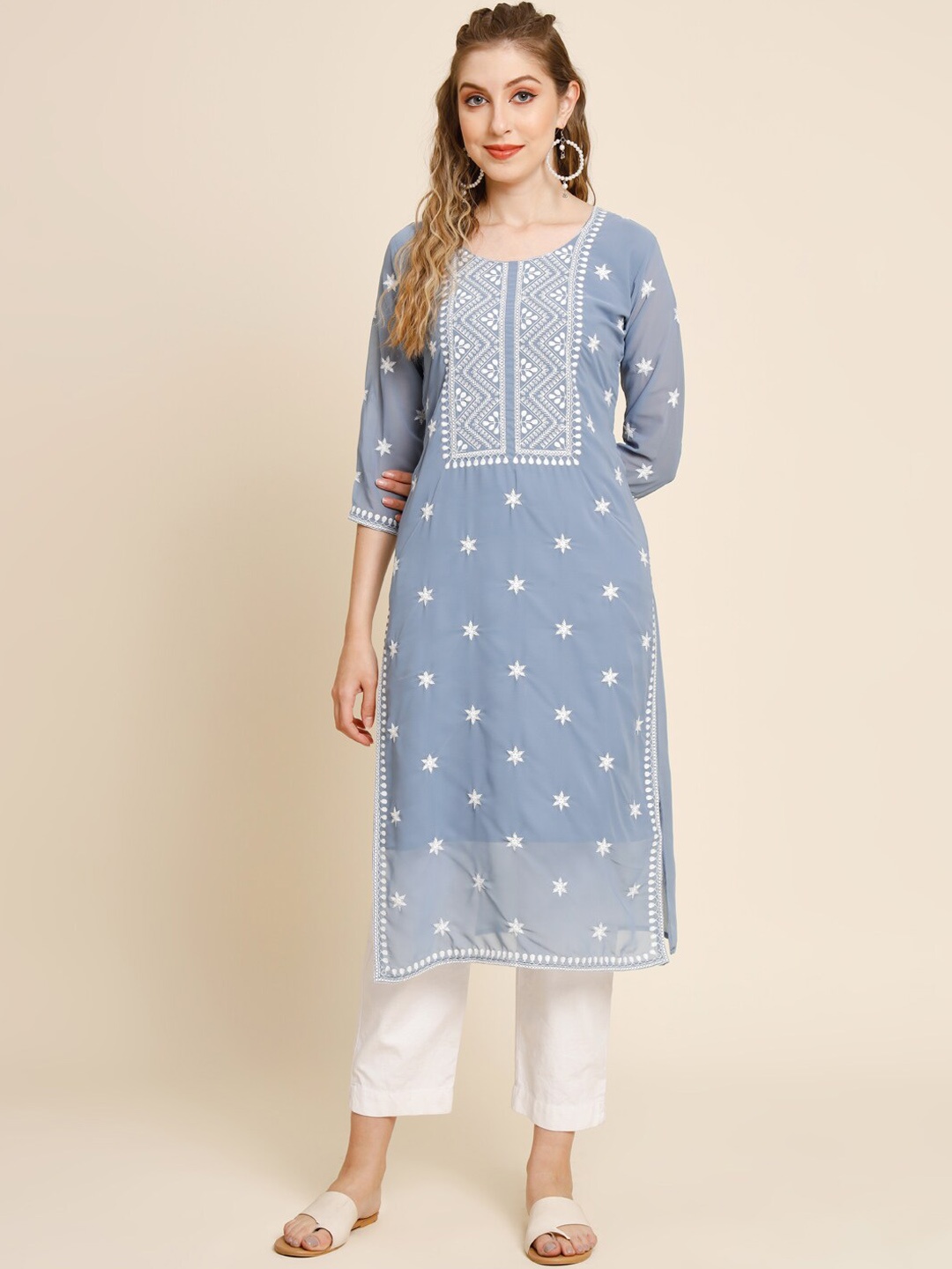 

VAIRAGEE Ethnic Motifs Embroidered Georgette Kurta, Grey