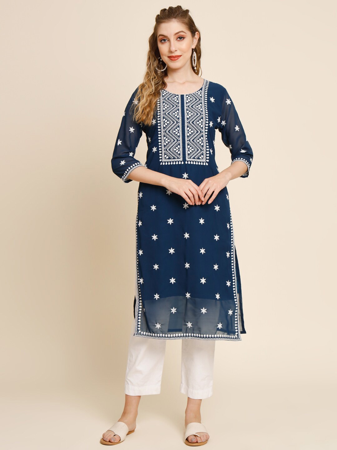 

VAIRAGEE Ethnic Motifs Embroidered Mirror Work Georgette Kurta, Teal