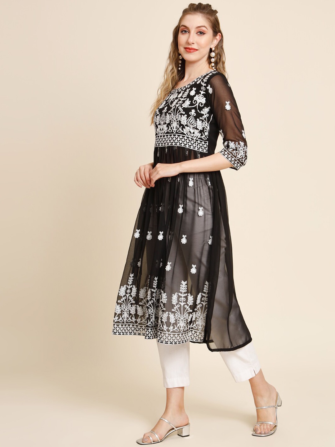 

VAIRAGEE Ethnic Motifs Embroidered Sheer Georgette Anarkali Kurta, Black