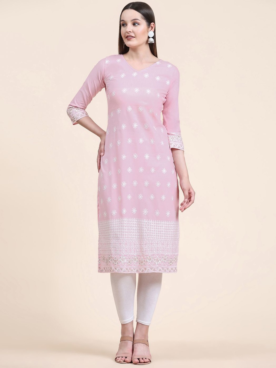 

VAIRAGEE Ethnic Motifs Embroidered V-Neck Cotton Kurta, Pink