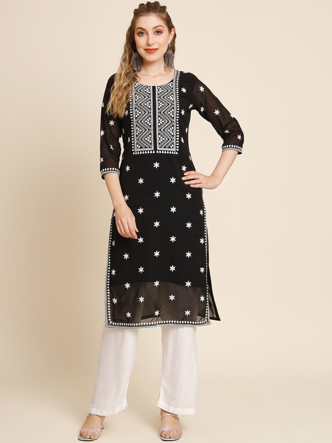 

VAIRAGEE Ethnic Motifs Embroidered Thread Work Georgette Kurta, Black