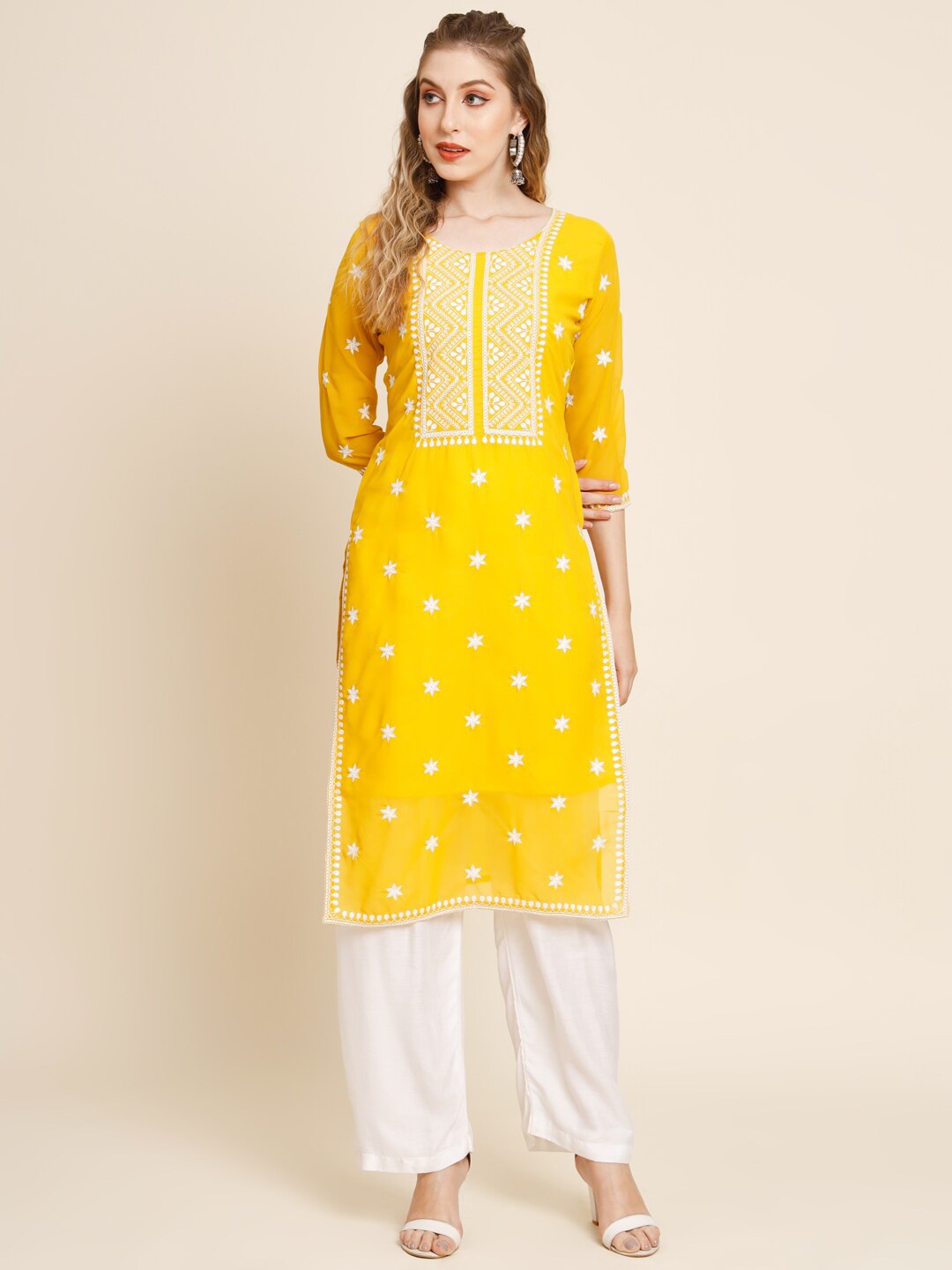 

VAIRAGEE Floral Embroidered Thread Work Georgette Kurta, Yellow