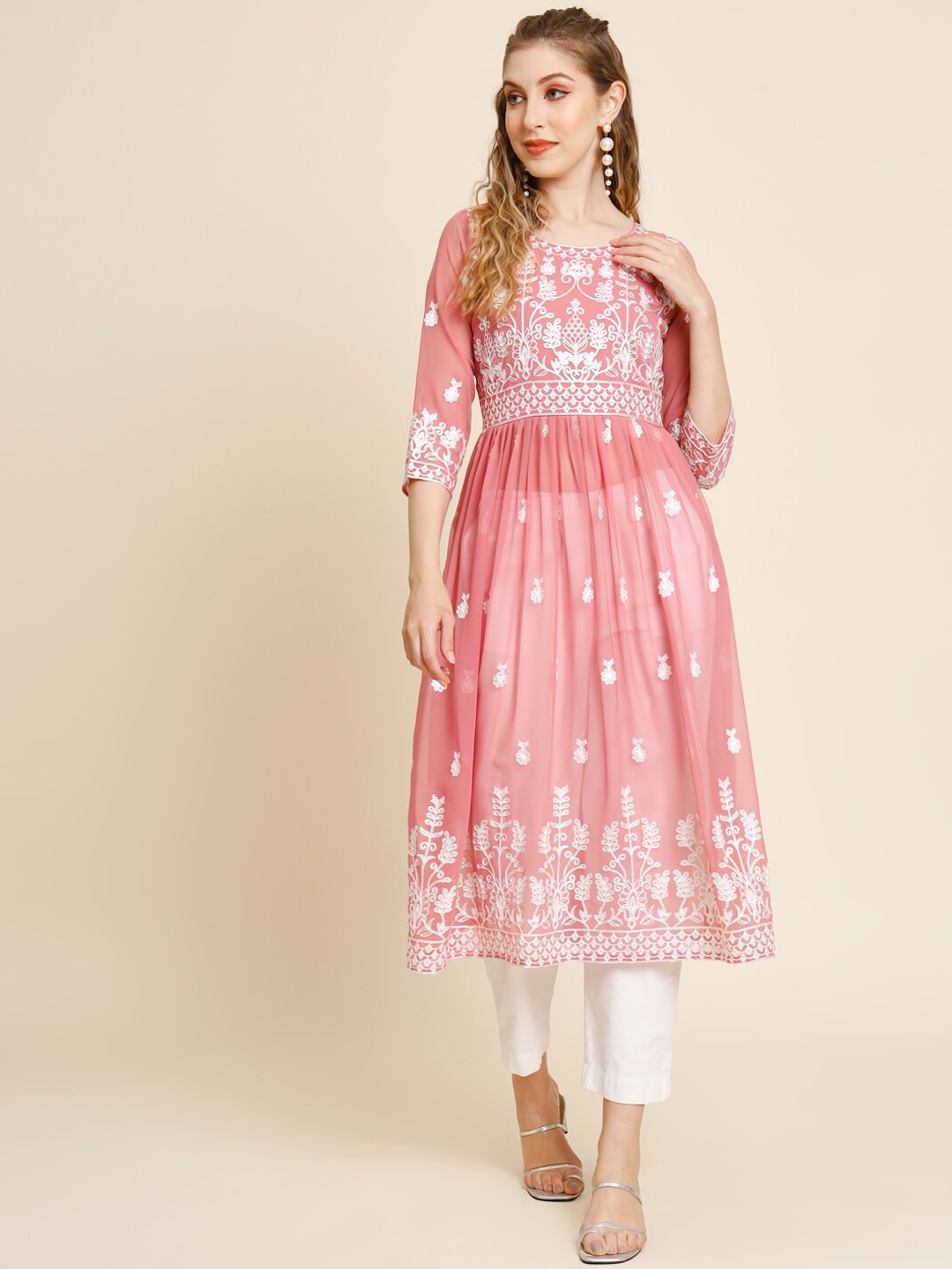 

VAIRAGEE Ethnic Motifs Embroidered Thread Work Georgette Anarkali Kurta, Peach