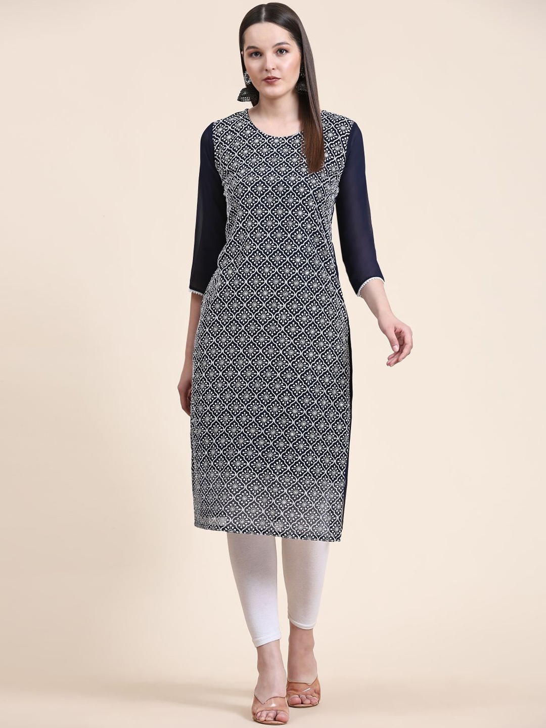 

VAIRAGEE Ethnic Motifs Embroidered Thread Work Georgette Kurta, Navy blue