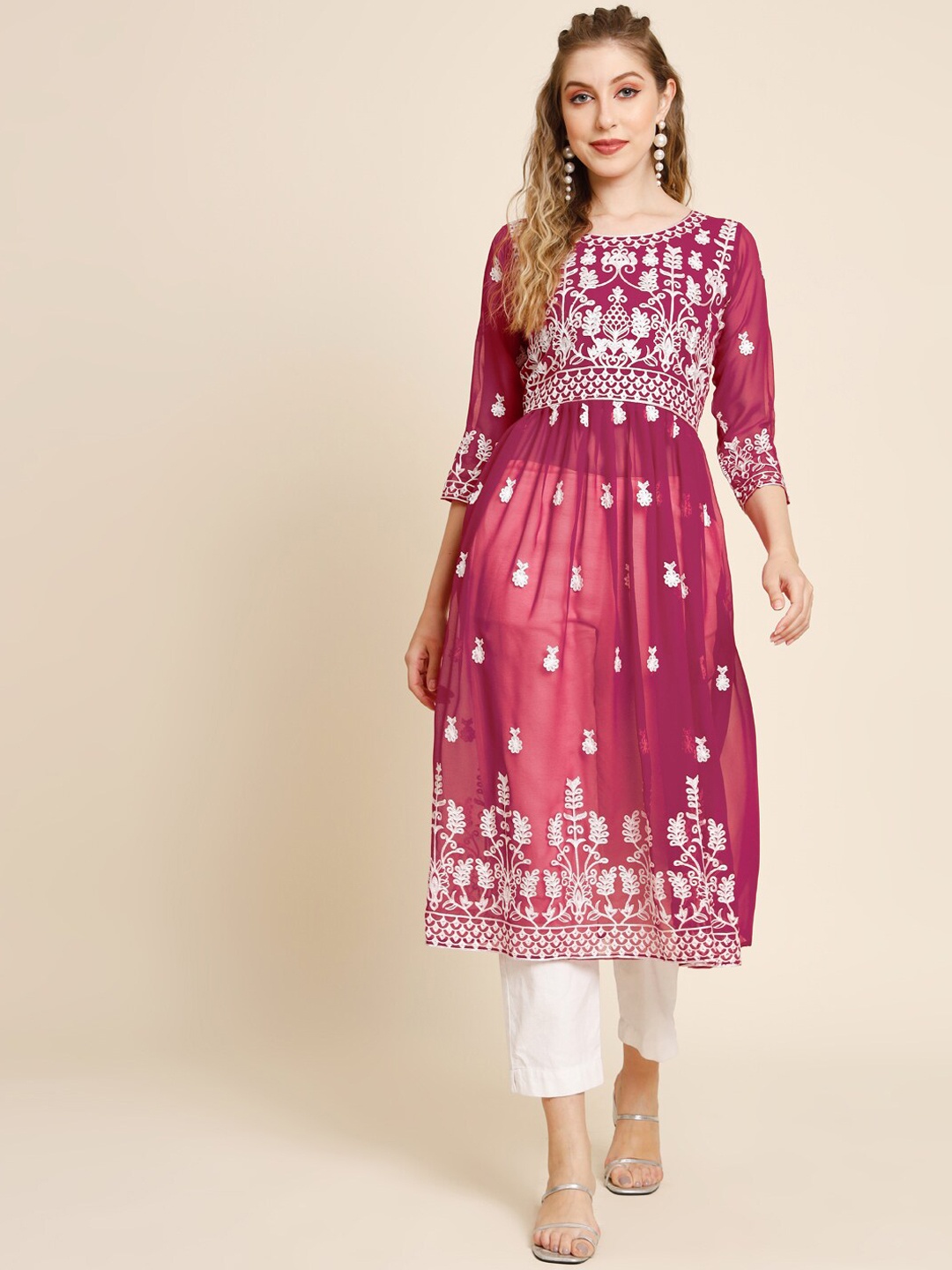 

VAIRAGEE Floral Embroidered Mirror Work Georgette Pleated A-Line Kurta, Pink