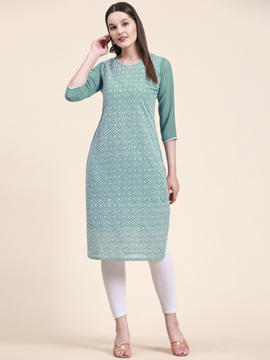 

VAIRAGEE Ethnic Motifs Embroidered Thread Work Georgette Kurta, Turquoise blue