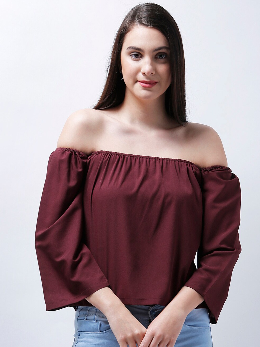 

Zastraa Off-Shoulder Flared Sleeve Crepe Bardot Crop Top, Maroon