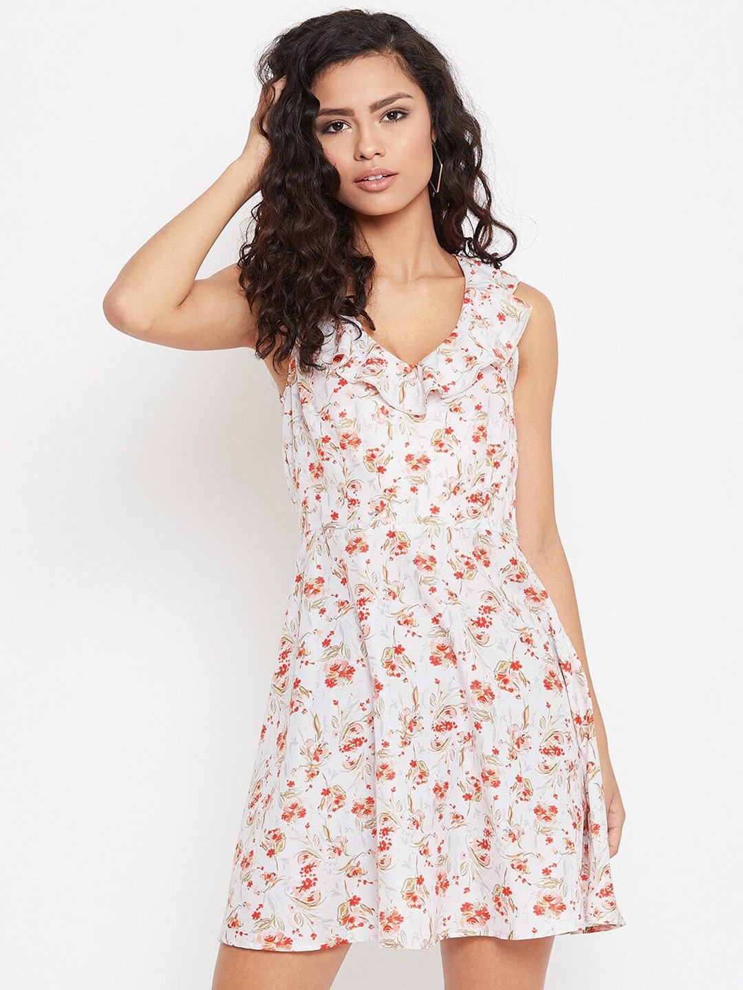 

Zastraa Floral Print Crepe Fit & Flare Dress, White