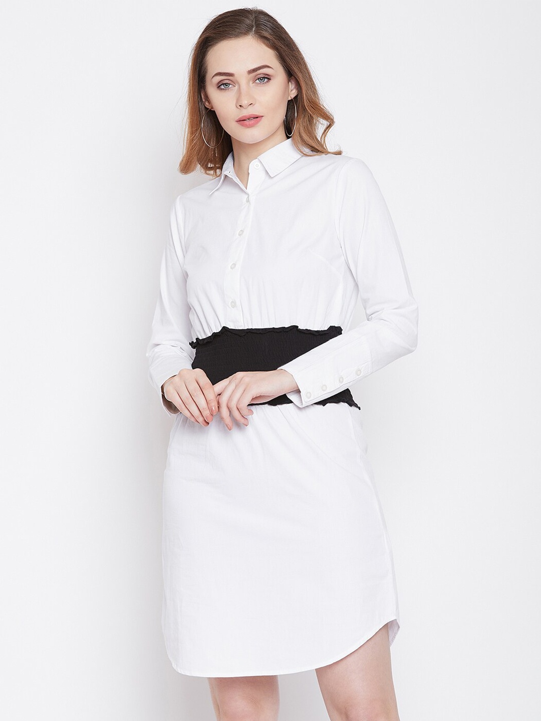 

Zastraa Shirt Collar Smocked Pure Cotton Shirt Dress, White