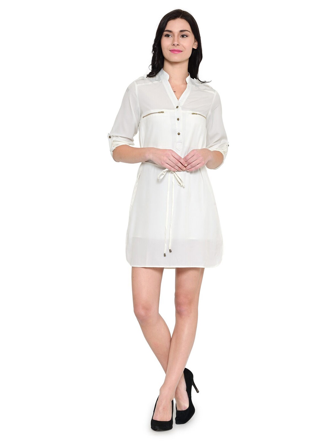 

Zastraa Band Collar Tie Up Crepe Shirt Dress, White