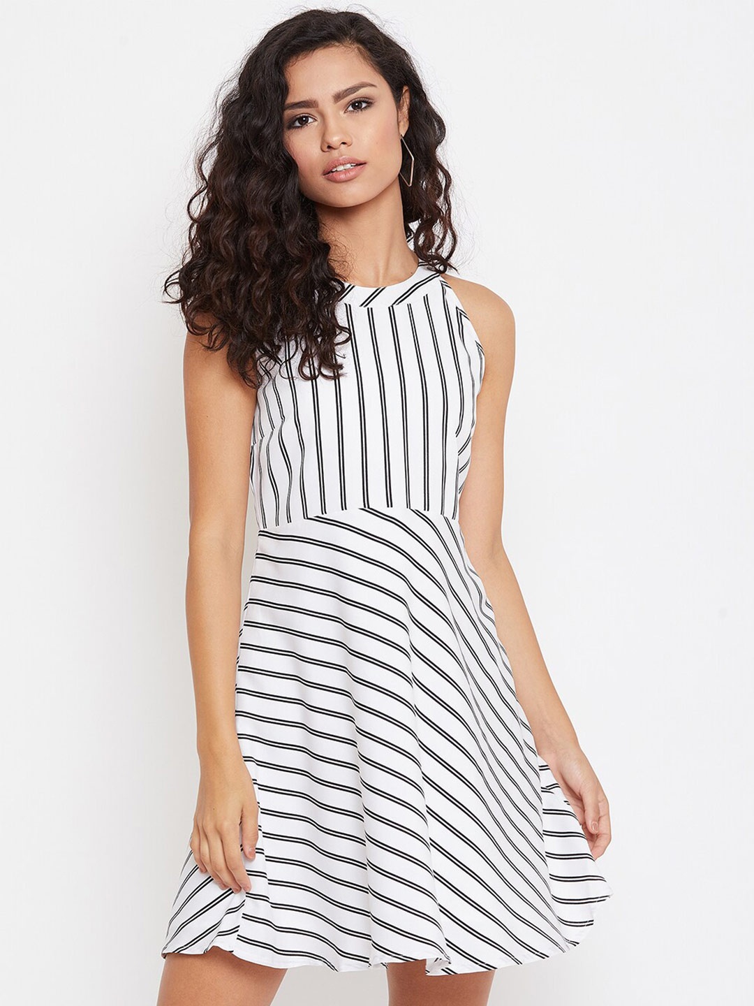 

Zastraa Striped Crepe A-Line Dress, White