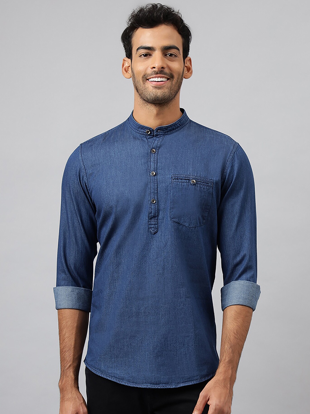 

MR BUTTON Mandarin Collar Long Sleeves Short Kurta, Blue