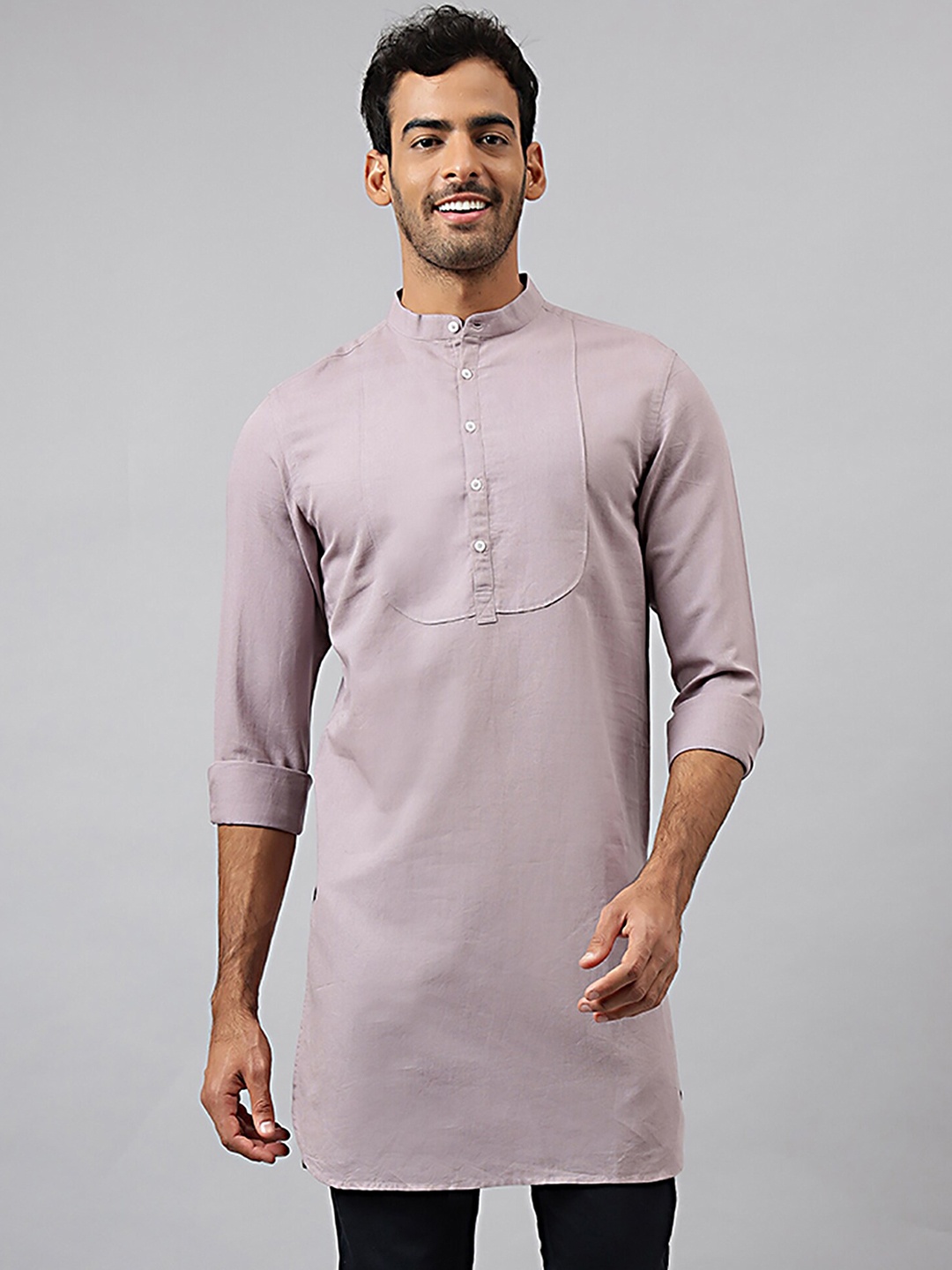 

MR BUTTON Men Mandarin Collar Curved Cotton Linen Kurta, Mauve