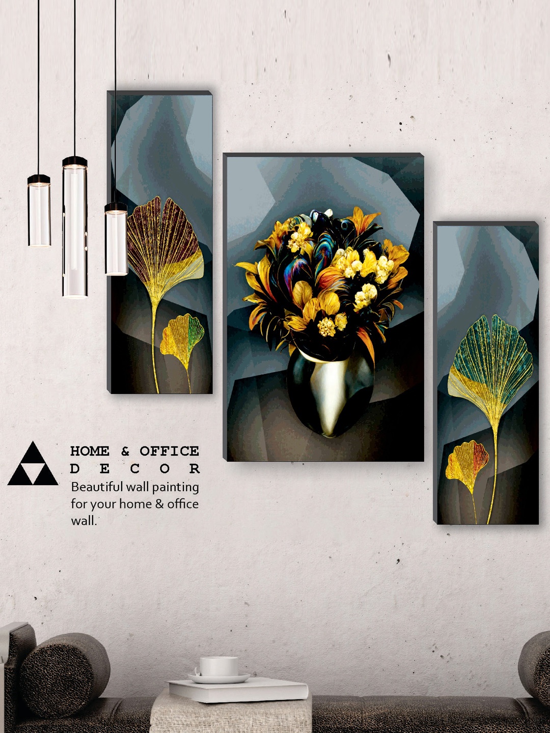 

SAF Grey & Yellow 3-Pcs Pretty Flower Pot Painted UV Textured Self Adhesive Wall Art