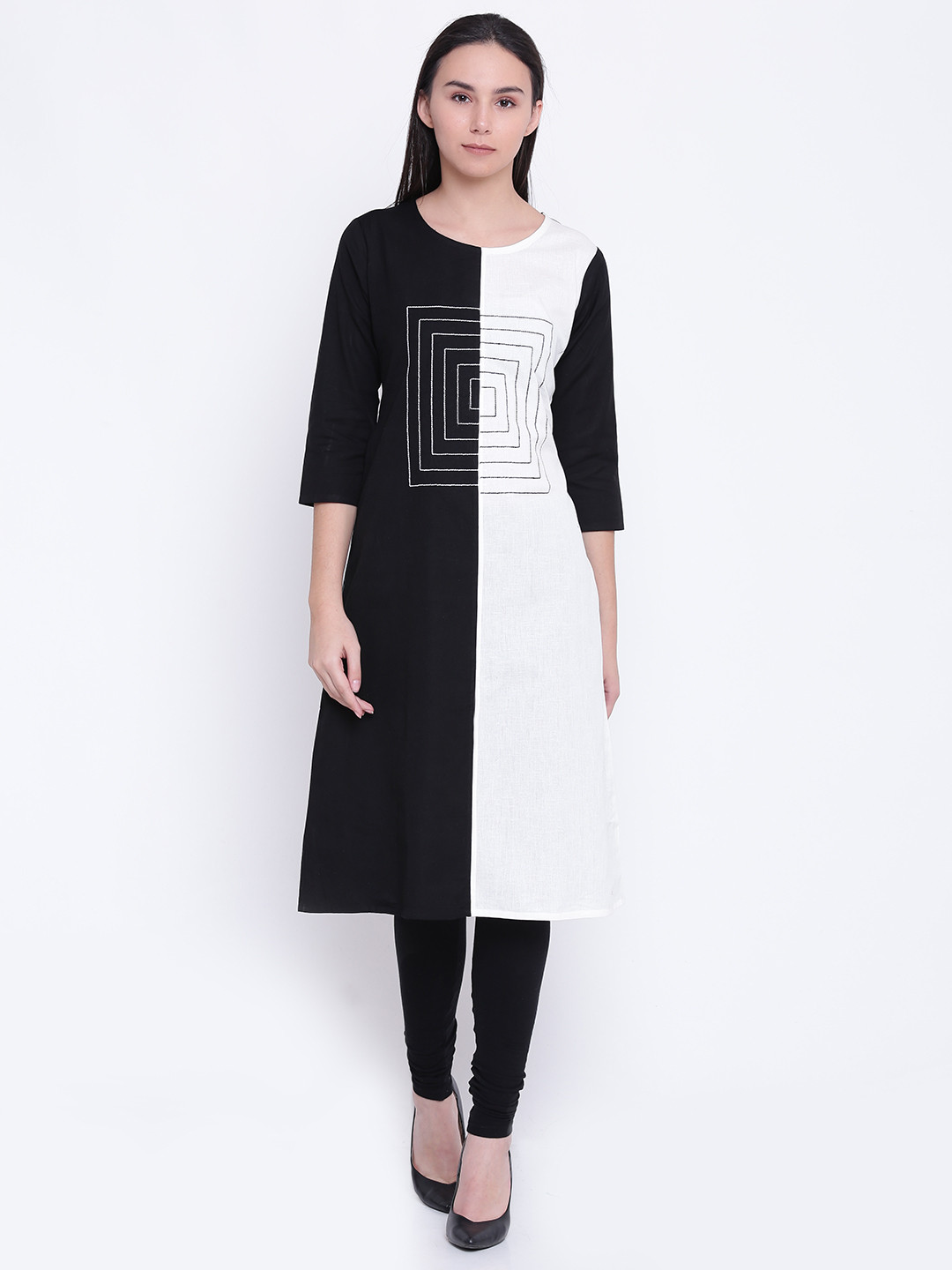 

Jashn Women White & Black Colourblocked A-Line Kurta