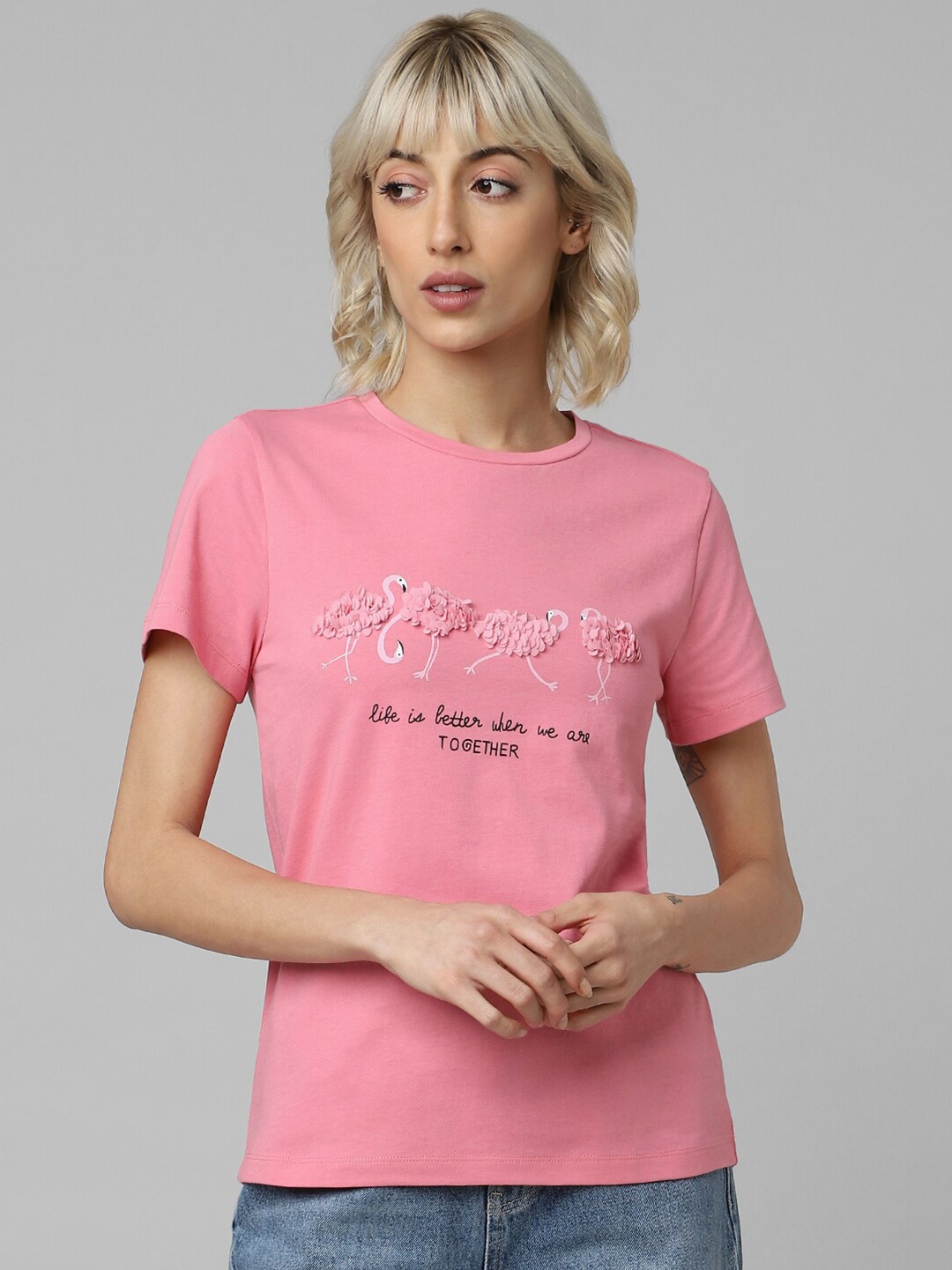 

ONLY Women Embellished Typography Printed Knitted Cotton T-shirt, Pink