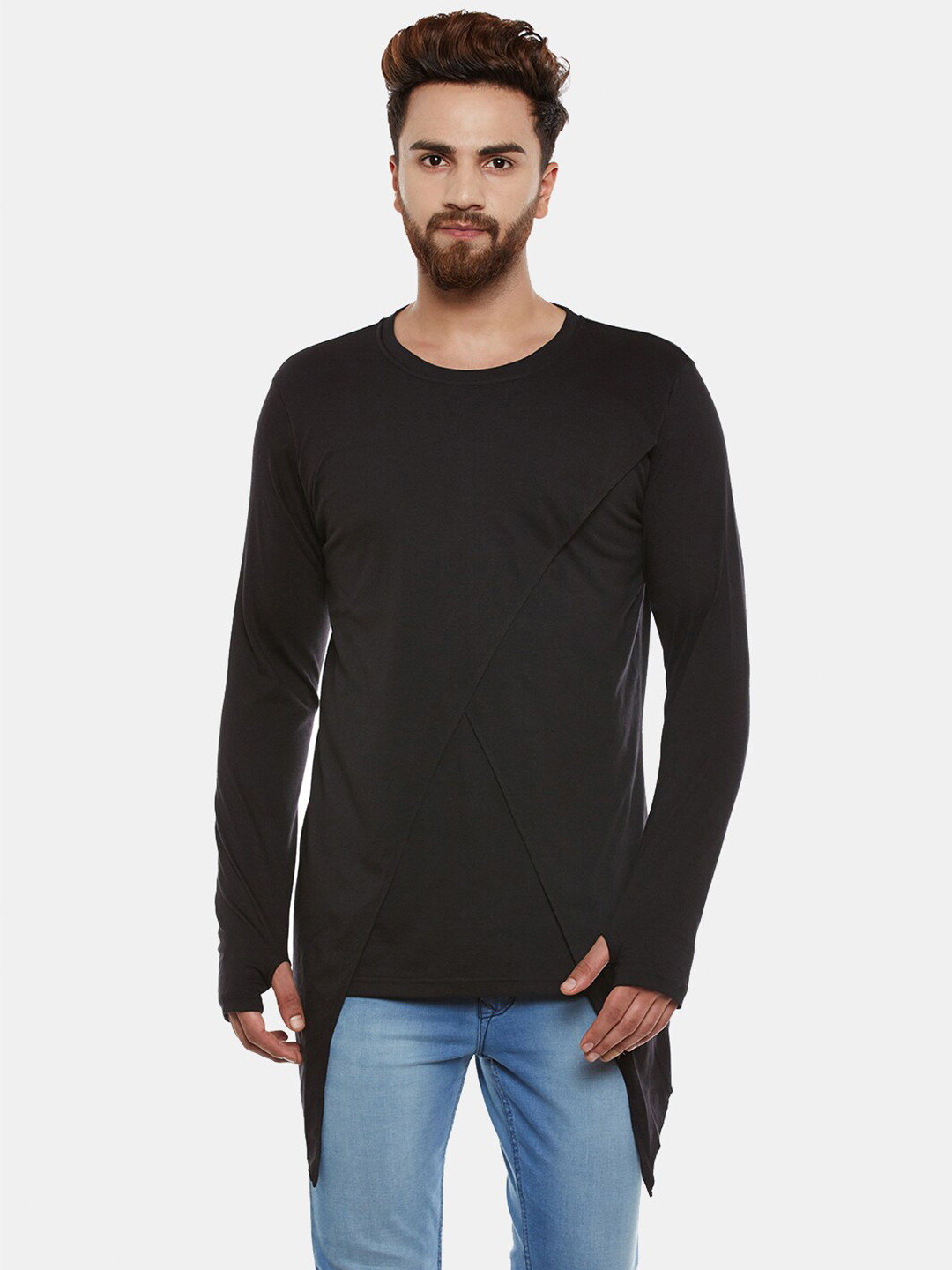 

CHILL WINSTON Assymetrical Long Sleeves Longline Slim Fit T-shirt, Black
