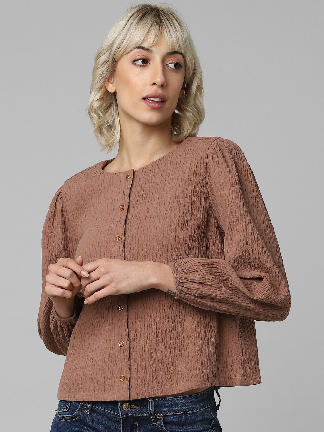 

ONLY Puff Sleeve Shirt Style Top, Brown