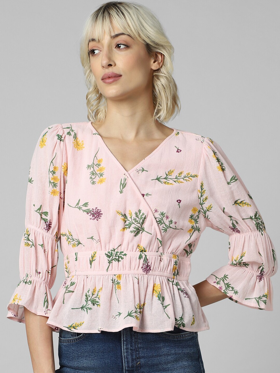 

ONLY Onlhorticool Floral Printed Bell Sleeves Cotton Peplum Top, Pink