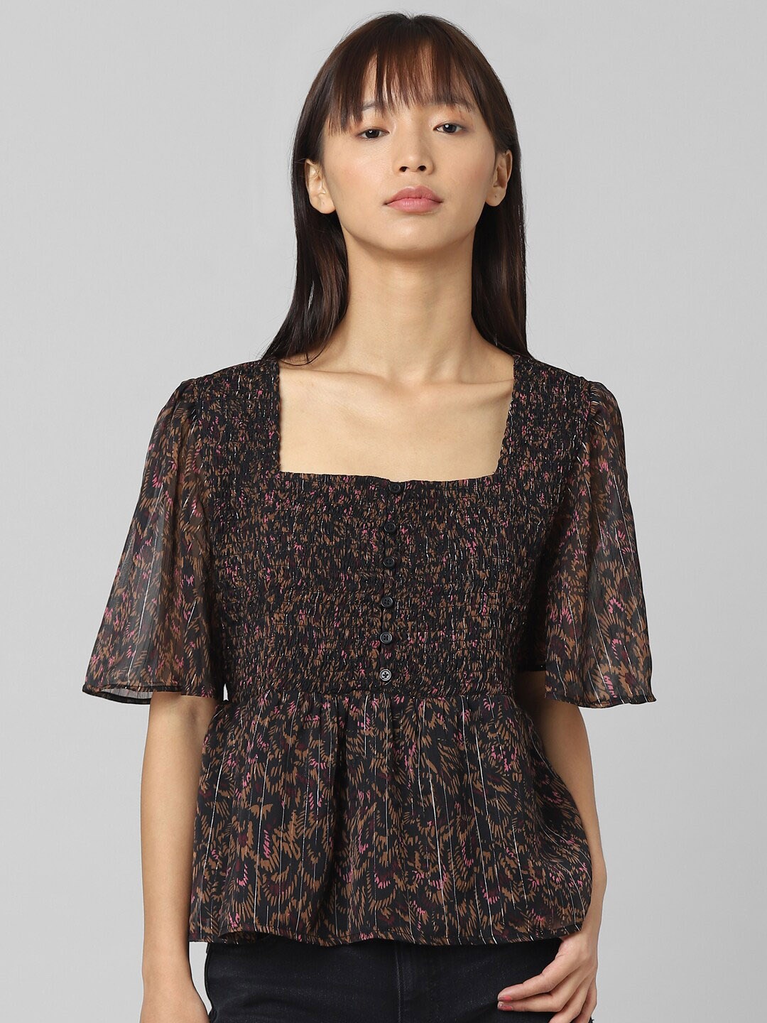 

ONLY Onllima Donna Floral Printed Square Neck Smocked Cotton Top, Black