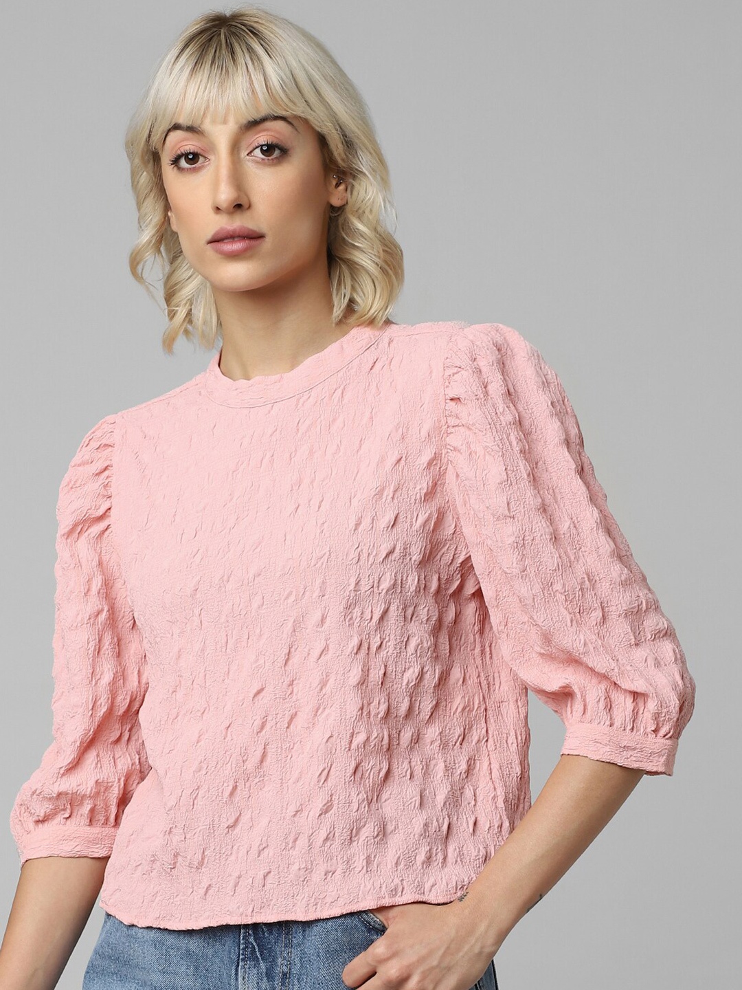 

ONLY Self Design Puff Sleeves Top, Peach