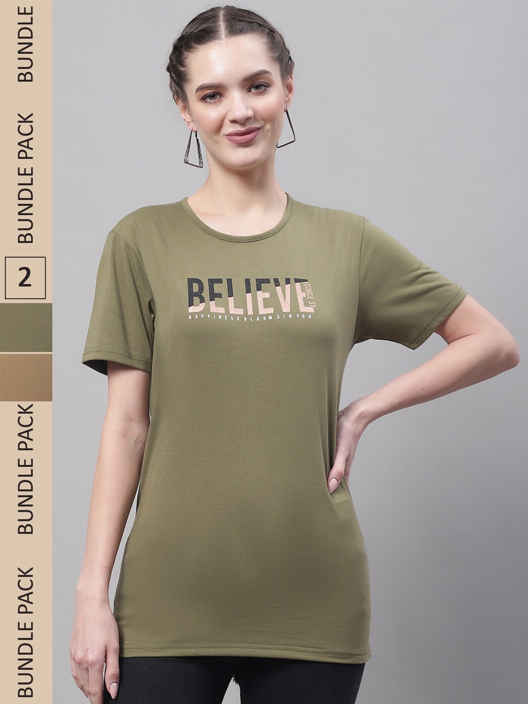 

VIMAL JONNEY Pack Of 2 Printed Cotton T-shirt, Olive