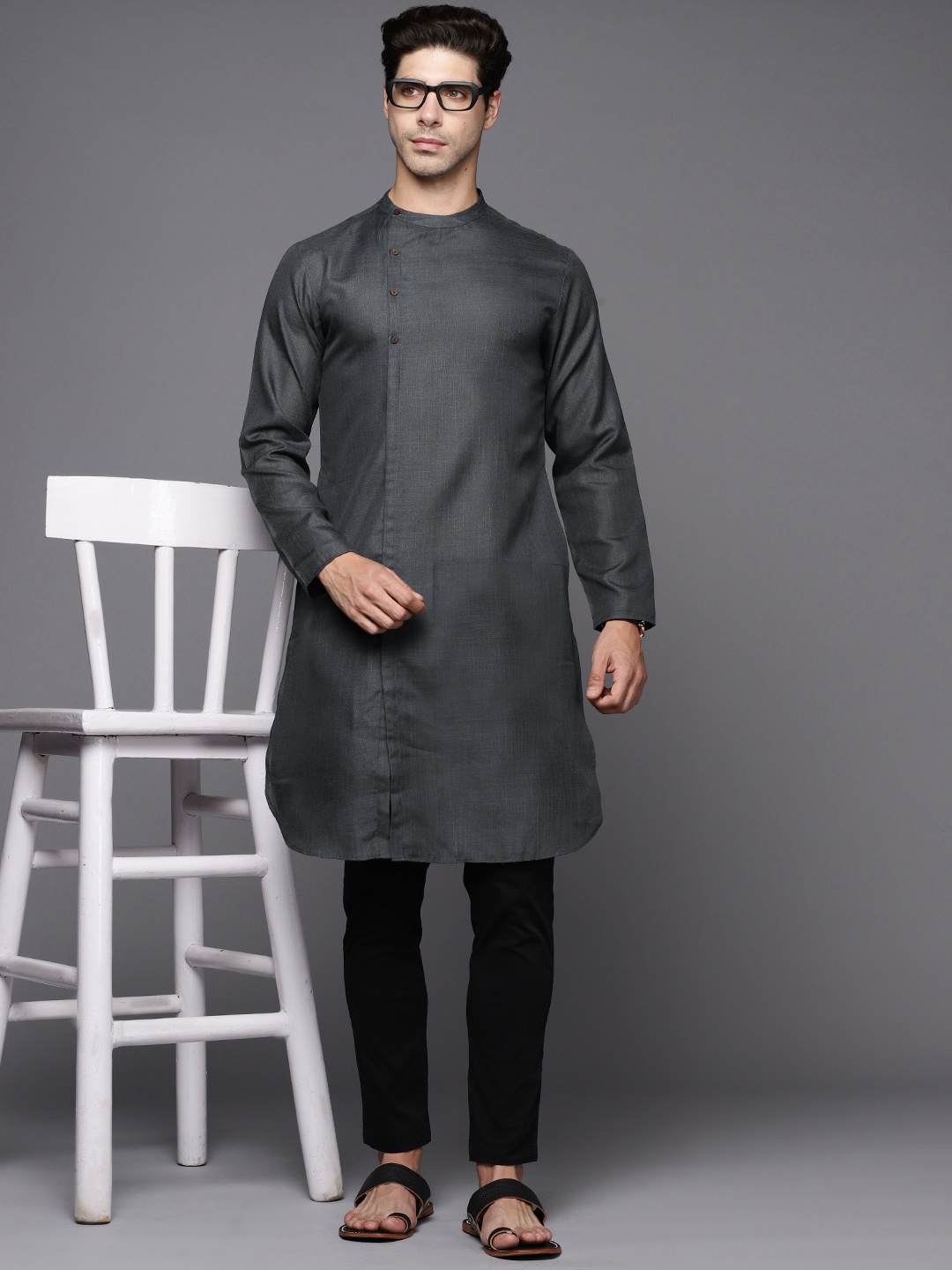 

Indo Era Men Band Collar Kurta, Grey