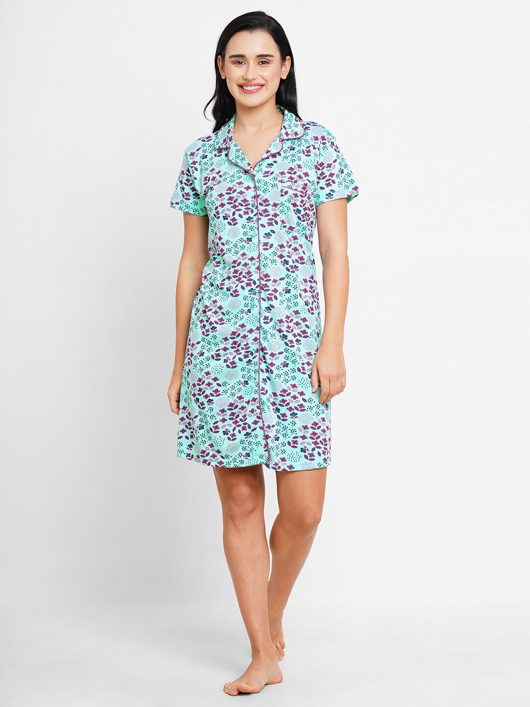 

Inner Sense Floral Printed Organic Cotton Nightdress With Hairband, Turquoise blue