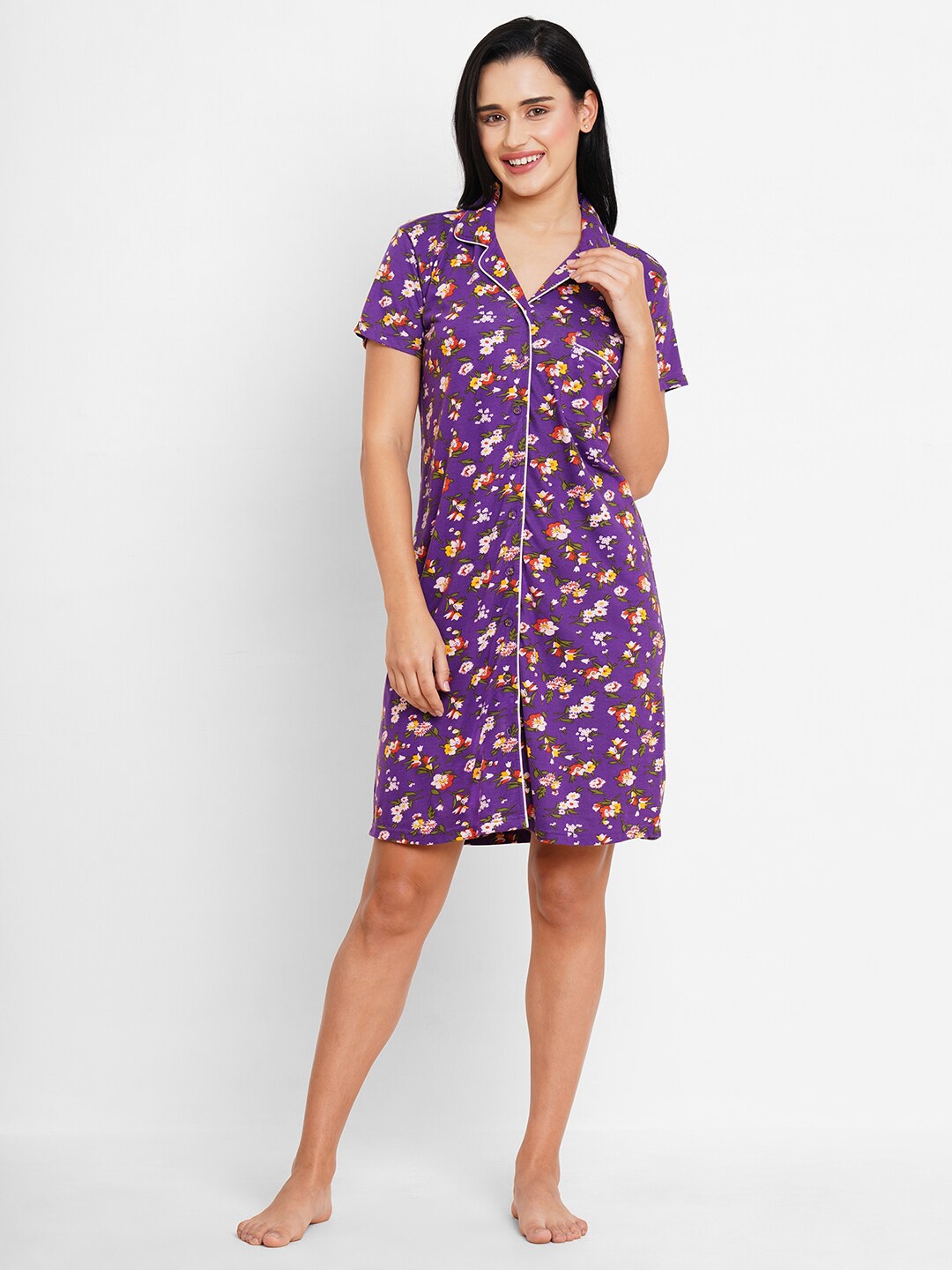 

Inner Sense Floral Printed Organic Cotton & Bamboo Fibre Nightdress With Hairband, Purple