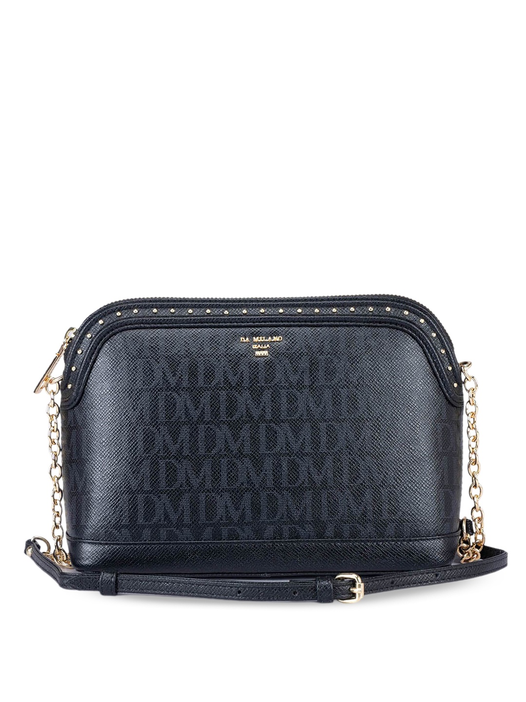 

Da Milano Typography Printed Leather Structured Sling Bag, Black