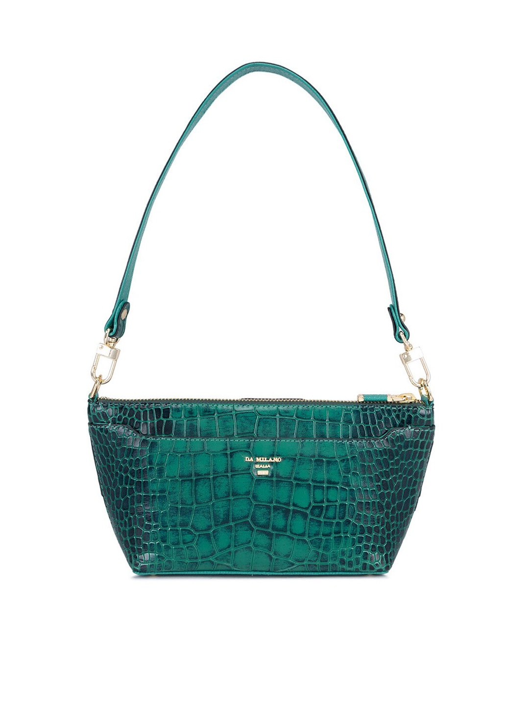 

Da Milano Green Textured Leather Bucket Sling Bag with Fringed