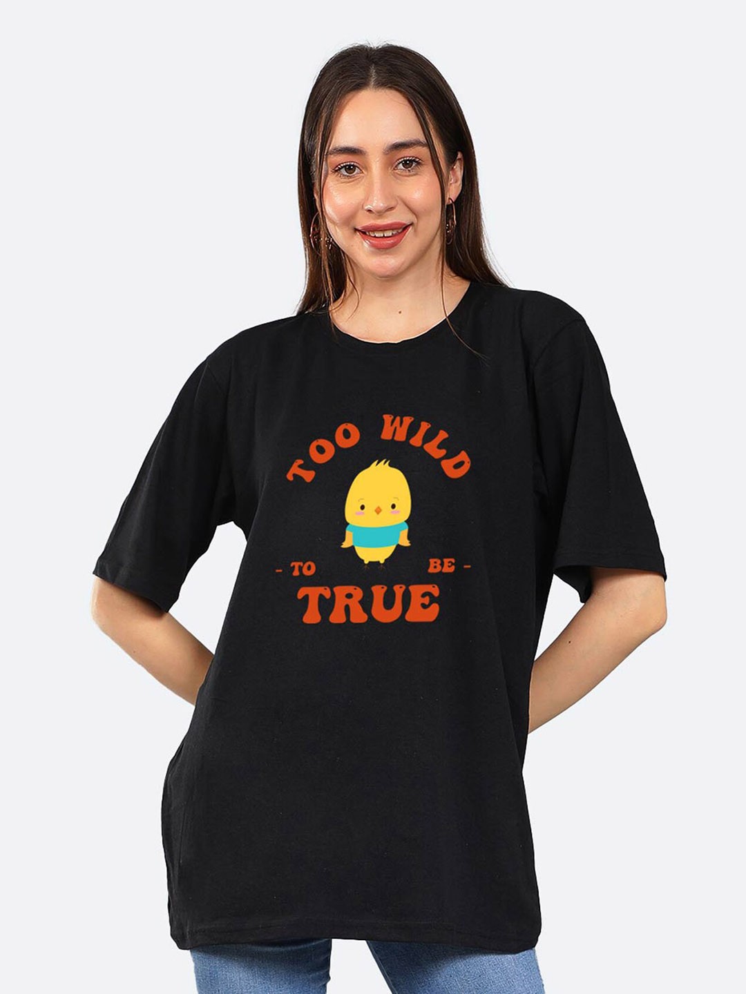 

Mad Over Print Typography Printed Drop-Shoulder Sleeves Loose Cotton T-shirt, Black