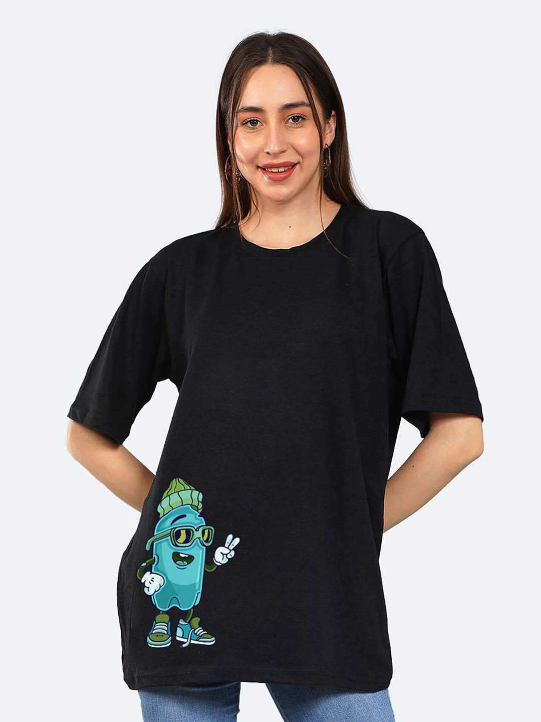 

Mad Over Print Graphic Printed Drop-Shoulder Sleeves Cotton Oversized Fit T-shirt, Black
