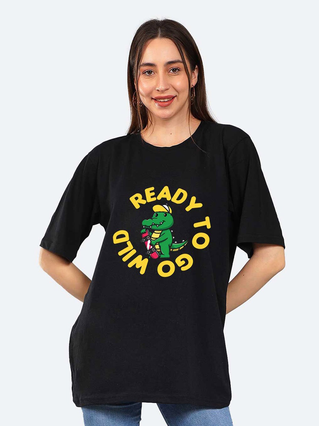 

Mad Over Print Typography Printed Loose Cotton T-shirt, Black
