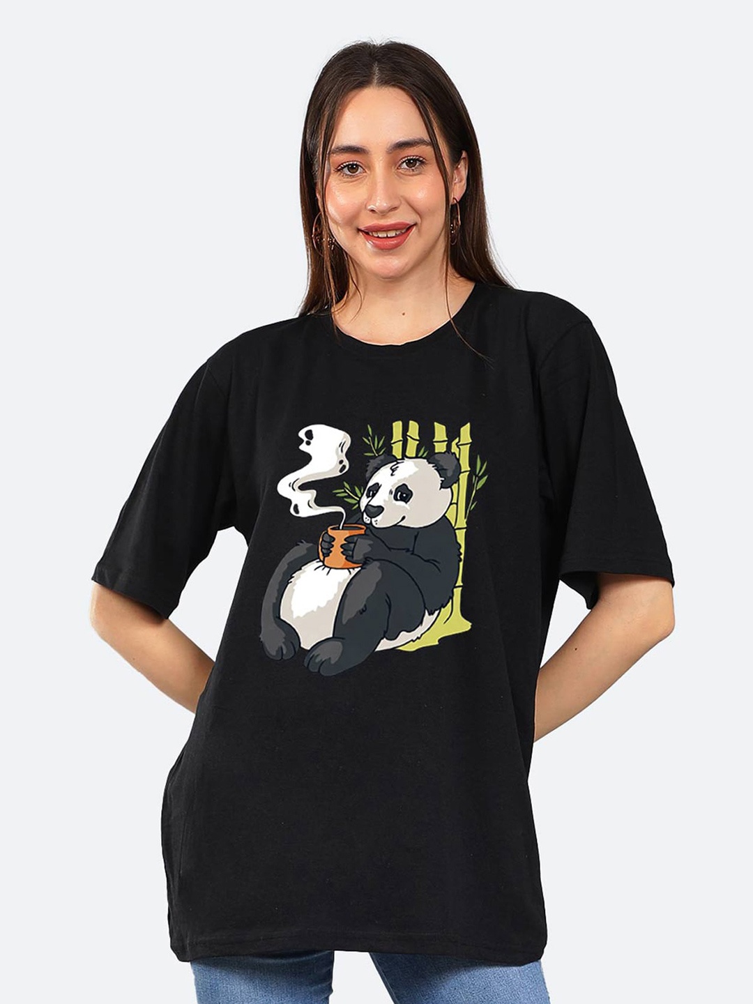 

Mad Over Print Kung Fu Panda Printed Drop-Shoulder Sleeves Cotton Loose Fit T-shirt, Black