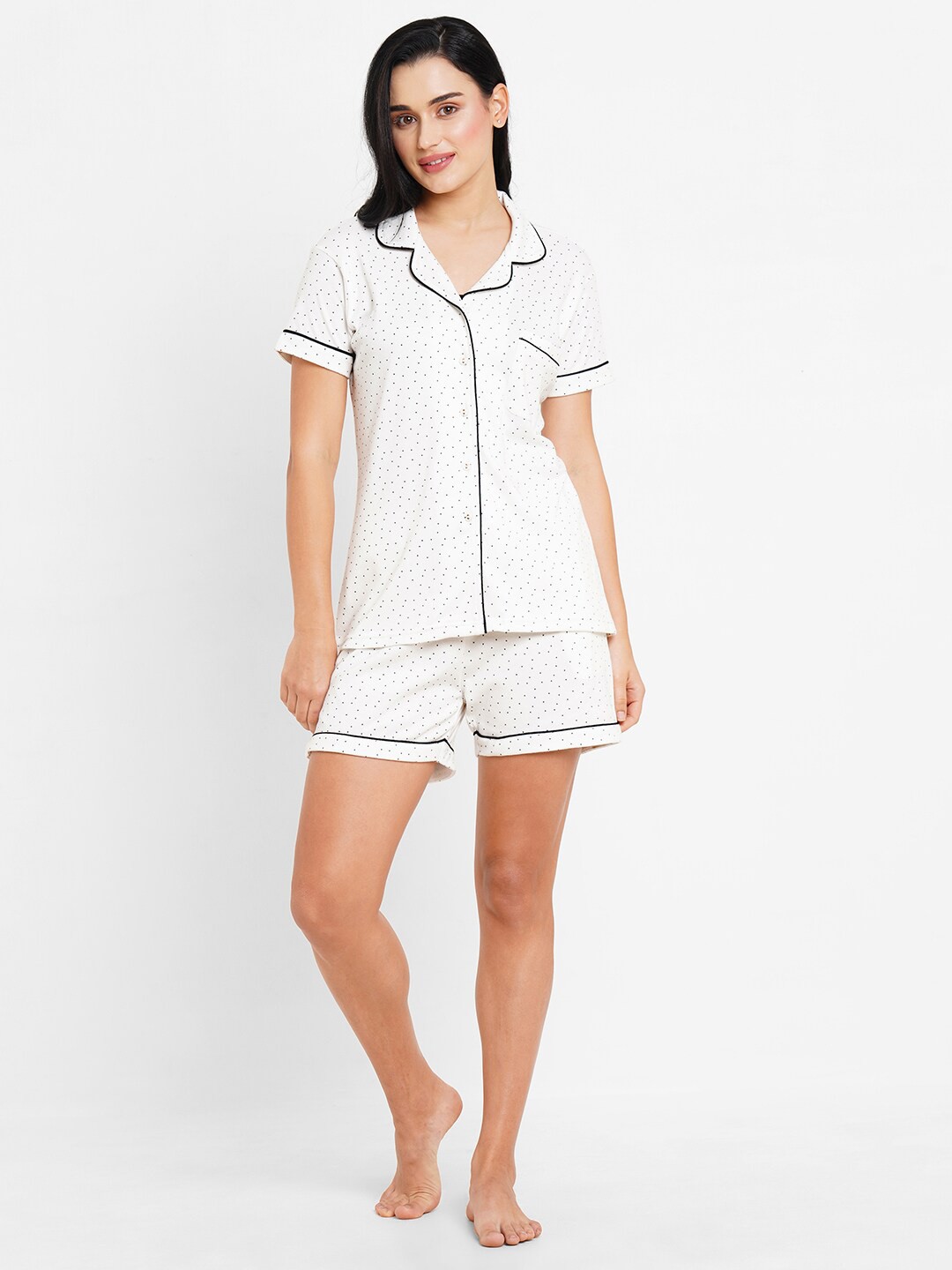 

Inner Sense Polka Dots Printed Organic Cotton Night Suit, White
