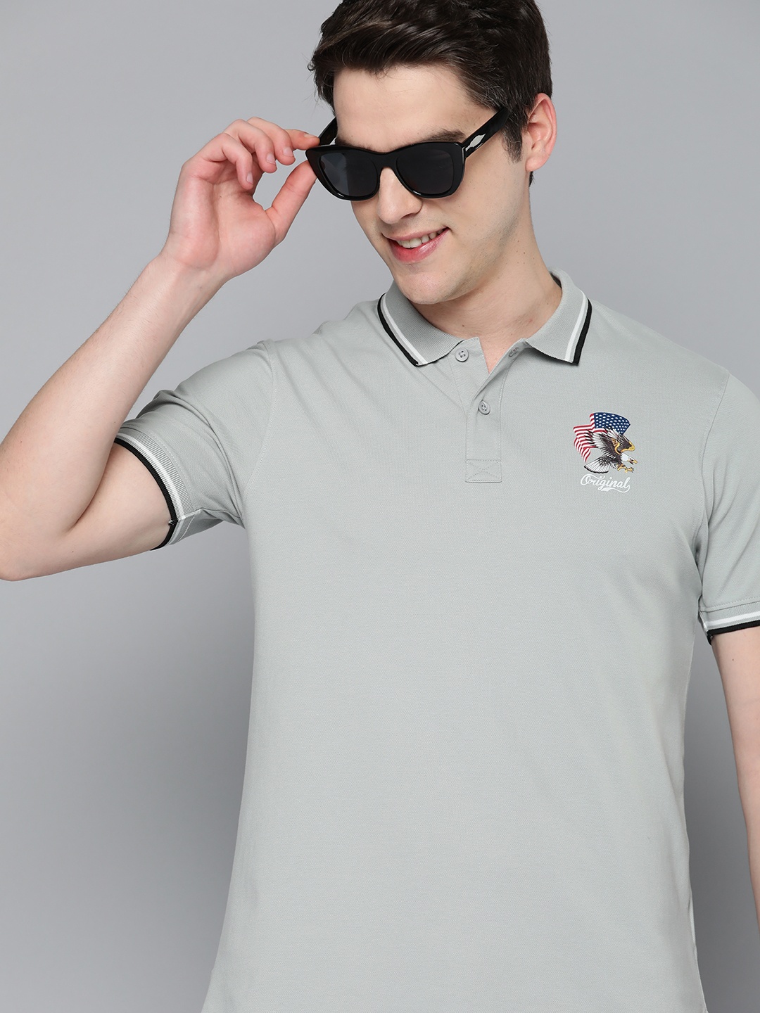 

HERE&NOW Men Graphic Printed Polo Collar T-shirt, Grey