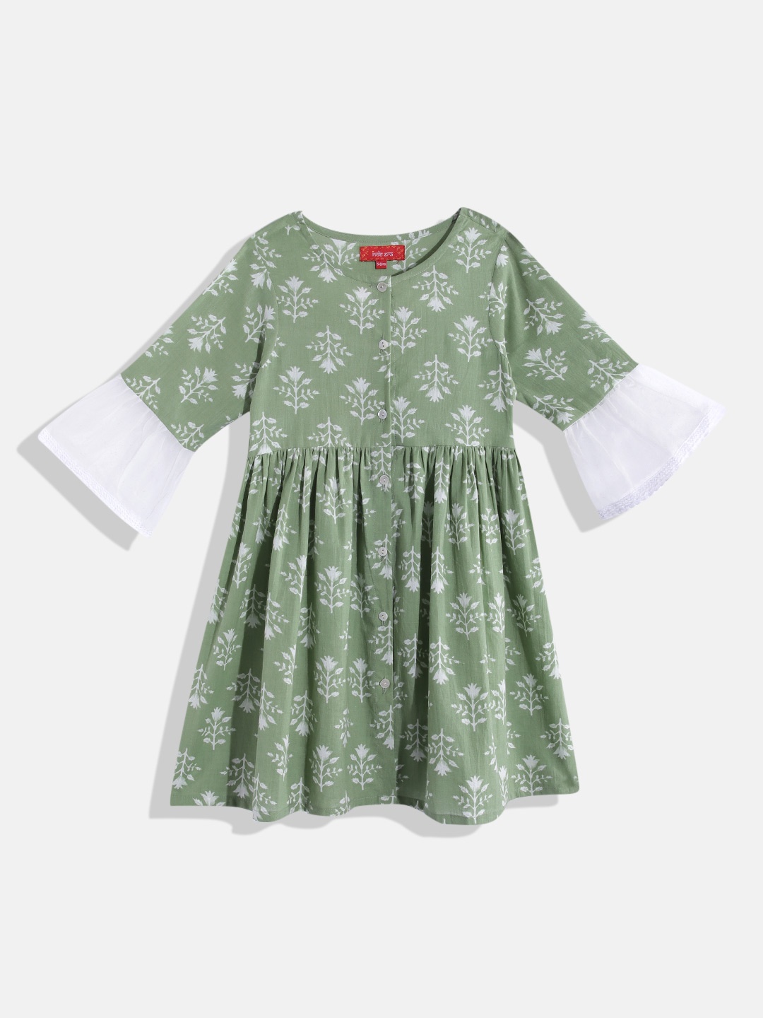 

Indo Era Ethnic Motifs Print A-Line Cotton Dress, Green
