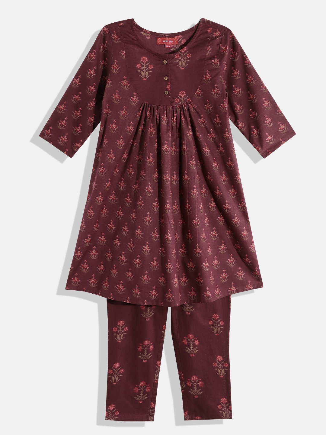 

Indo Era Floral Printed Pleated Kurta with Trousers, Maroon