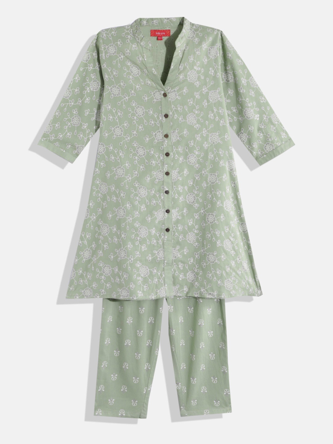 

Indo Era Floral Printed Regular Kurta with Trousers, Green